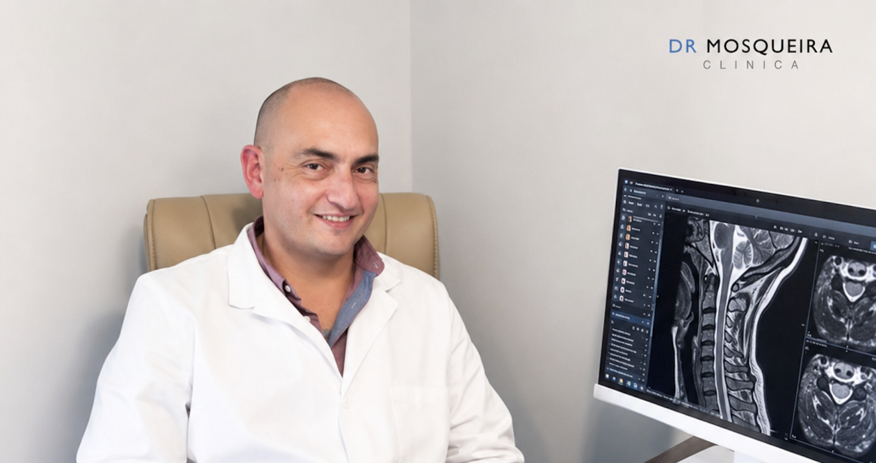 Dr. Bernardo Mosqueira durante la valoración de una posible compresión nerviosa cervical