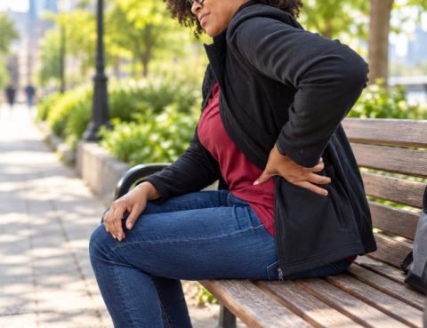 Persona sentada con dolor lumbar tras presentar dificultades para caminar