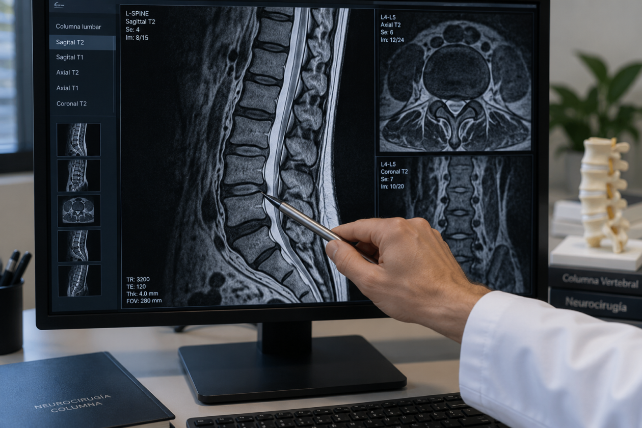 Resonancia magnética de columna utilizada para valorar una protrusión o hernia discal